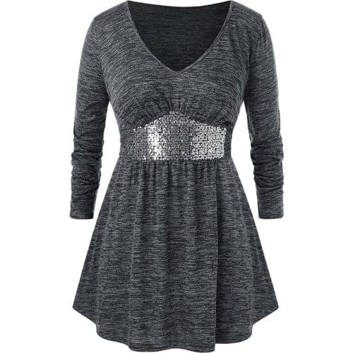 5XL Plus Size Long Blouse Women Spring Summer V Neck Long Sleeve Sequined Patchwork Elegant Blouse Solid Ladies Tunic Tops