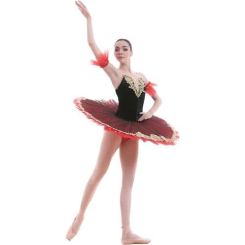 Black Velvet Red Tulle Pre-professional Ballet Tutu for Girl & Women Spandex with Gold Applique Trim Ballerina Tutu BLL012