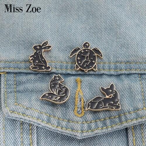 Black Constellation Animal Enamel Pins Rabbit Fox Turtle Deer Bag Brooch Lapel Badge Cartoon Jewelry Gift for Kids Friends