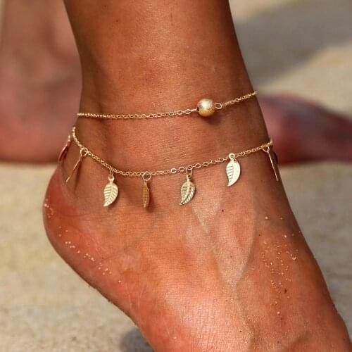 Delicate Summer Women Tassel leaves Double Layer Ankle Chain Simple Gold Silver Plated anklets Elegant Beach Jewelry Wholesale