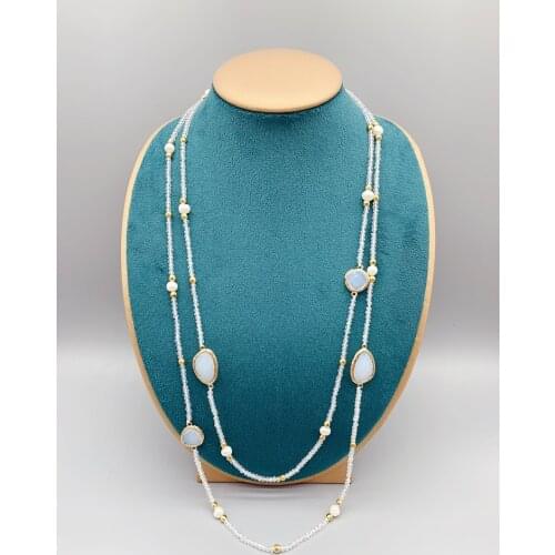 Irregular Moonstone Quartz Necklace With 2mm Crystals 5-6mm White Freshwater Pearls Hammered Gold Beads Long For Women 50 Inch