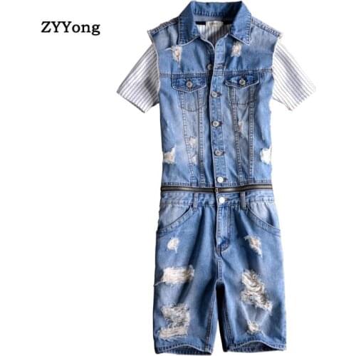 Summer Mens Sleeveless Denim Jumpsuit Hip-Hop Ripped Hole Jeans Shorts Removable Waist Casual Overalls Cargo Pants