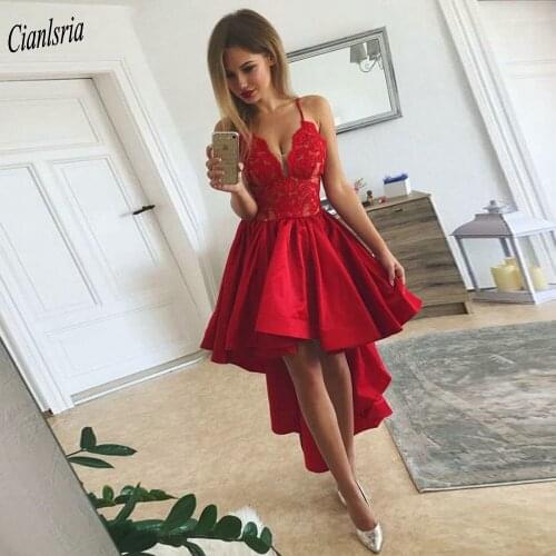 Red Spaghetti Strap Appliques Lace High/Low Cocktail Dresses V-Neck Sleeveless Short Prom Party Homecoming Dress