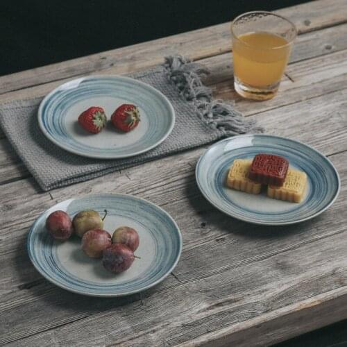 Creative Retro Style Net Red Plate Home Plate Ceramic Round Flat Plate Shallow Plate Hand-painted Blue Line Underglaze Tableware