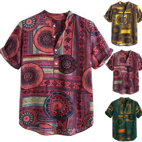 Summer Men Color Block Ethnic Geometry Half Cardigan Top Print Short Sleeve Buttons Loose Oversized Pullover Shirt