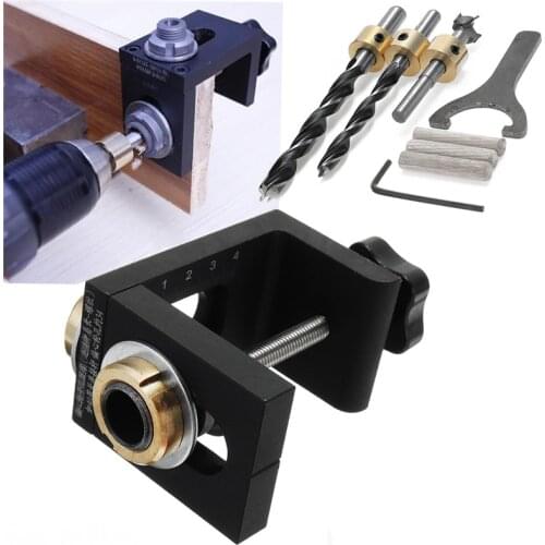 Woodworking Drill Guide Set Locator Woodworking Pocket Hole Locate Punch Jig Kit + Step Drilling Bit Wood Puncher Tools Set