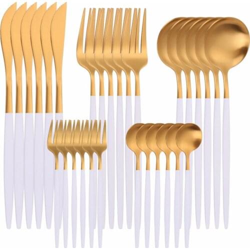 30 Pcs Gold Cutlery Set Mirror Dinnenrware Set Stainless Steel Flatware Dinner Knife Fork Spoon Teaspoon White Gold for Home