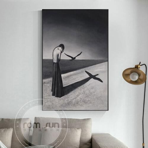 Nodic Wall Art Canvas Painting Girl Back and Bird Angel Shadow Posters and Prints Black and White Wall Pictures for Living Room