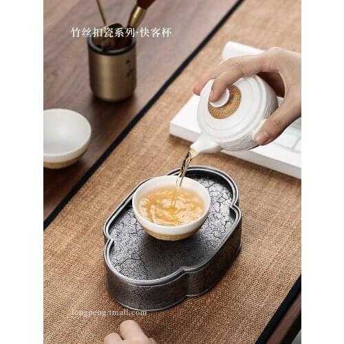 Intangible Cultural Heritage Handicraft Ceramics Quake Cup Kung Fu Travel Tea Set Outdoor Tea Making Bamboo Silk Porcelain