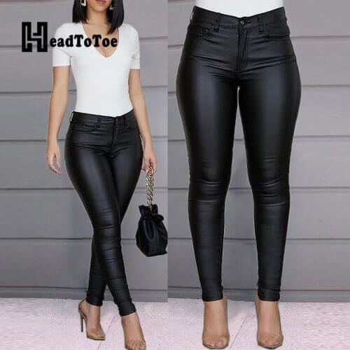 Solid Buttoned Casual Coated PU Pants Women Skinny Pencil Pants