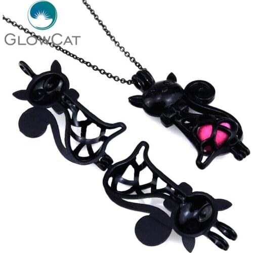 R-H362 Gun Black Elegant Cat Beads Cage Aroma Essential Oil Diffuser Pearl Cage Locket Necklace Stainless Chain Unisex Jewelry