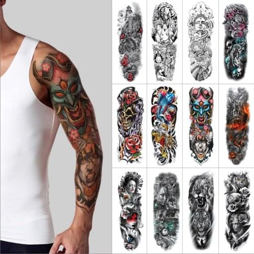 Arm Large tattoo Temporary tattoo sticker tiger flowers skulls Dragon fish Colorful Sleeve Sticker Fake Flash Waterproof Tatto