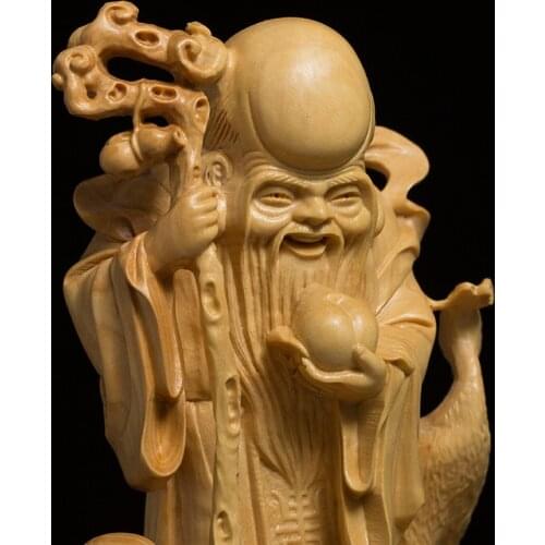 Boxwood 13cm Longevity God Sculpture Wood Carving Lucky Mythical Statue Fu Lu Shou Home Decor