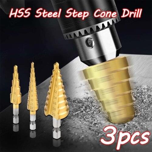 3Pcs/set HSS Straight Groove Step Drill Bit Titanium Coated Wood Metal Hole Cutter Core Drilling Tools Set 3-12mm 4-12mm 4-20mm