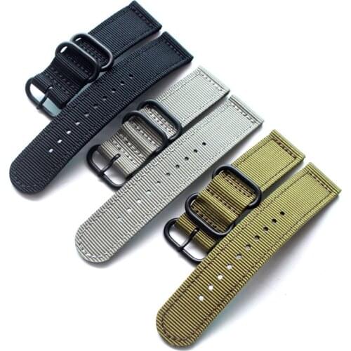 Fine woven nylon watchband 18mm 20mm 22mm 24mm canvas Nato strap Thick double-layer sweat-proof mens green gray black strap