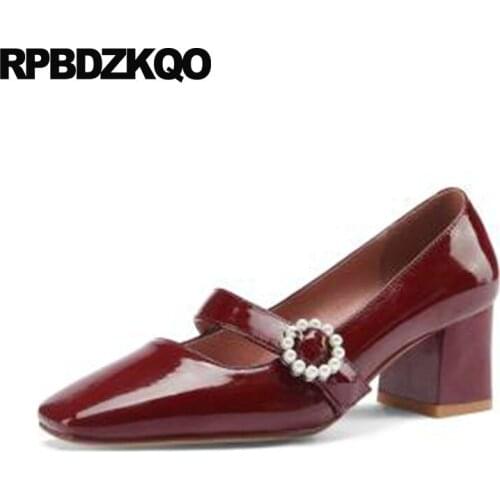 Retro New Square Toe Strap Mary Janes Women Shoes Thick Wine Red Pumps Pearl High Heels Medium Patent Leather Size 33 Genuine