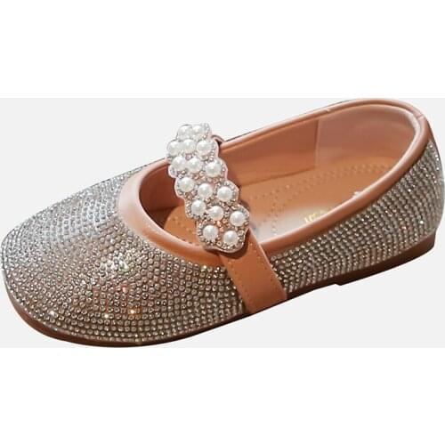 Girls Crystal Princess Shoes 2021 Autumn New Style Girl One-step Pearl Rhinestone Shiny Fashion PU Leather Shoes Pearl Sweet Hot