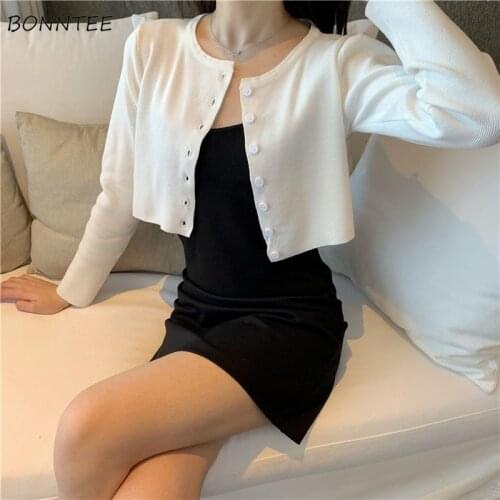 Cropped Cardigan Women Summer Solid Fashion Stretchy Sweater Slim Sweet Leisure All-match Korean Style Elegant Female Breathable
