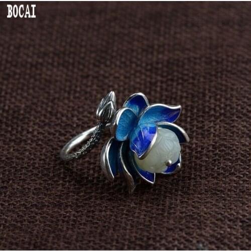 S925 sterling silver vintage burnt blue craft ring fashion silver and hetian natural stone lotus ring