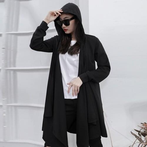 Yamamoto style dark black sweater womens hooded loose black niche design long over the knee cardigan coat large