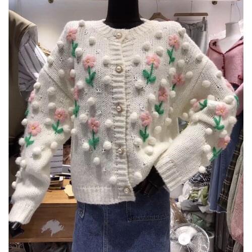 Women Retro Handmade Flowers Embroidered Wool Balls Knitted Cardigan Floral Crocheted Sweater Coat Jacket Tops Sueter Mujer 2020