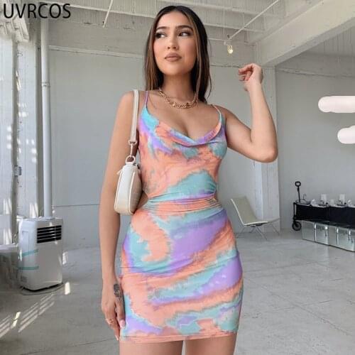 UVRCOS Women Bandage Dress 2021 Party Club Sexy Bodycon Tie Dye Impressos Side Hollow Out Backless Sleeveless Strap Tank Dresses