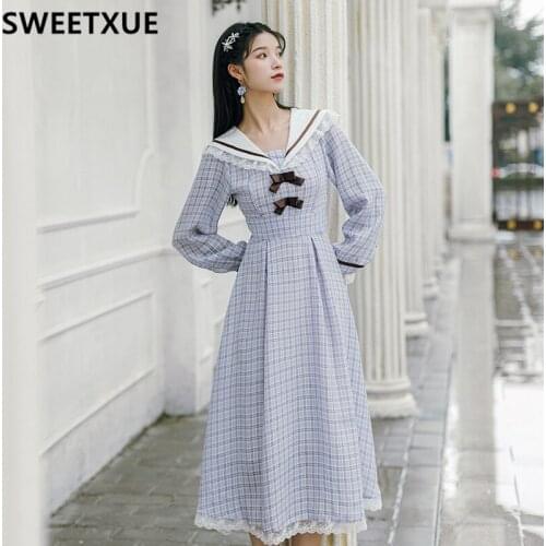 SWEETXUE Preppy Style 2021 Women Spring Fall Long Sleeve Bow Lace Checked Gentle Wind Dresses Female Kawaii Cute Fairy