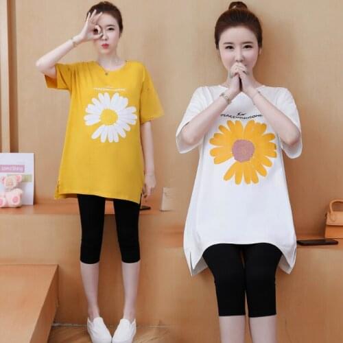 883# Maternity Clothes T shirt O Neck Flower Printing Loose Stylish Tops Pregnant Women