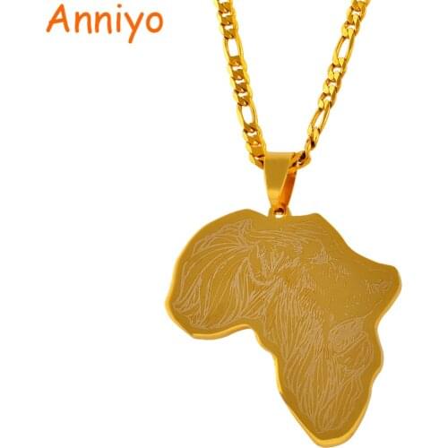 Anniyo Gold Color Africa Map Pendant Necklaces With Lion Pattern African Maps Jewelry Hip Hop Gift #011421