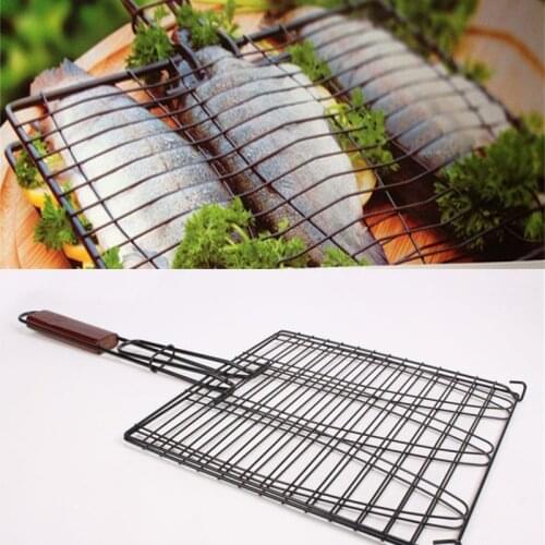 New DIY Non-stick Triple Fish Grilling Basket Wood Handle Outdoor BBQ Grilling Fish Rack Barbecue Tool Fish Grill Net