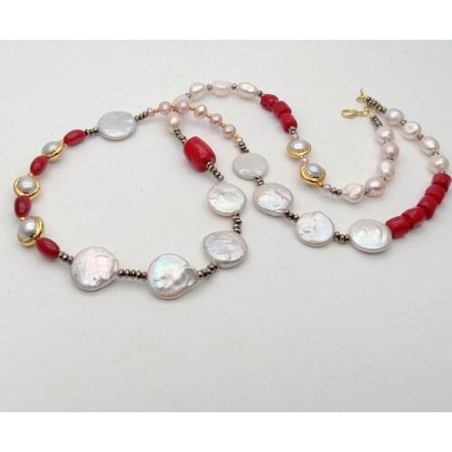 YYGEM Red Coral tube Hematite Rondelle natural Freshwater White Baroque Pearl Sweater chain Necklace 33'' For Women Gift