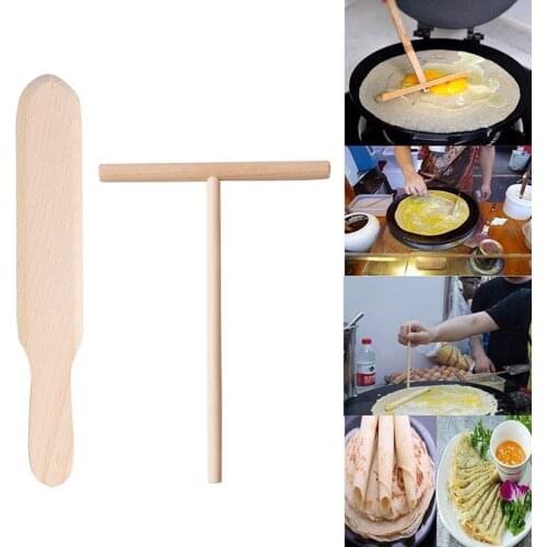 Behogar 1PCS T-shaped Wooden Batter Spreader Sticks+1PCS Spatula Crepe Jianbing Pancake Making Tools for Restaurant Home Kitchen