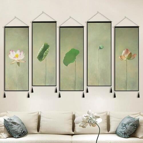 Chinese Lotus Hanging Painting China Style Plant Cotton Tapestry Scroll Painting for Living Room Study Room Home Wall Art Decor
