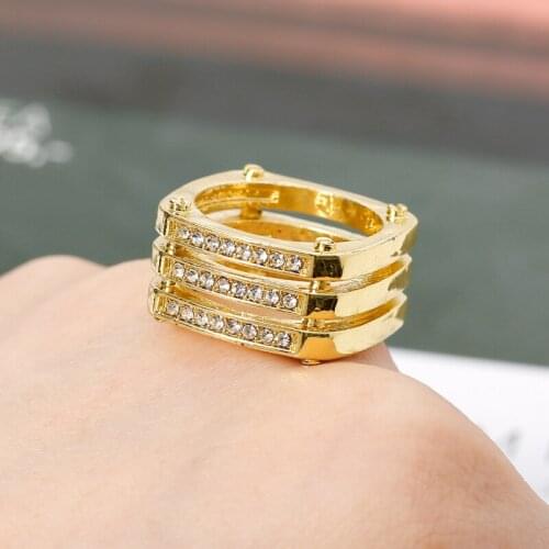 Unisex Golden Three-row Crystal Hollow Geometry Rings For Men Women Multilayer Ring For Party 2020 Jewelry Accessories