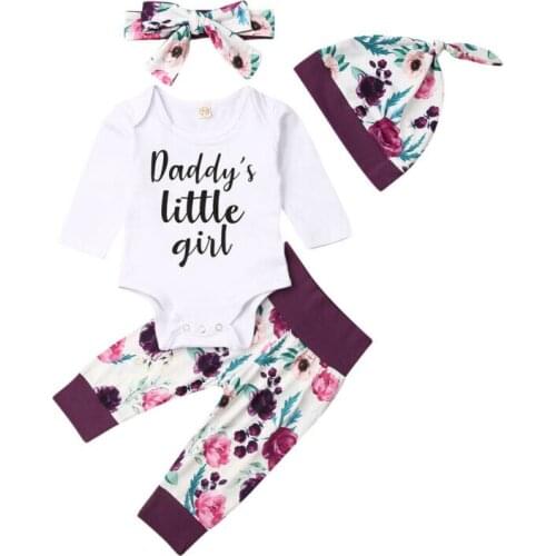 Citgeett sUMMER 4pcs Newborn Infant Baby Girls Romper Tops+Pants+Hat+Headband Kids Clothes Floral Print Sets
