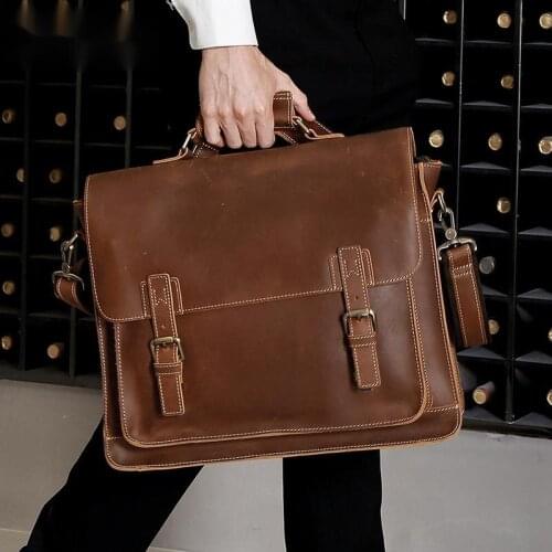 Crazy Horse Leather Bag Mens Briefcase Laptop Bag 15.6" Mans Genuine Leather Laptop Bags Male Tote Briefcase Handbag