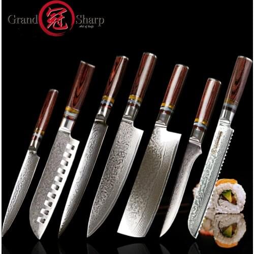 Grandsharp 7 Pcs Kitchen Knife Set vg10 Japanese Damascus Steel Chef Santoku Utility Nakiri Boning Slicing Bread Knives Cutlery