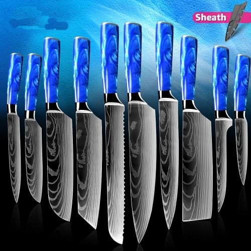 Kitchen Knives Set 2-10pcs Japanese Chef knife Blue Resin Handle 7CR17 Damascus Pattern Santoku Cleaver Slicing Utility Knives