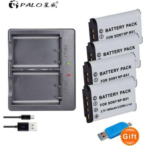 Palo 4Pcs Li-ion 1600mAh NP-BX1 NP BX1 Digital Battery Packs + LED USB Charger for Sony DSC RX1 AS100V M3 HX3000 HX50 HX60 GWP88
