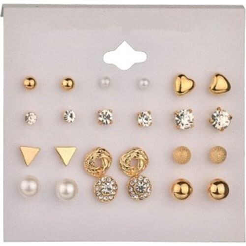 New fashion 12 pairs / bag. Womens Square Crystal Heart Stud Earrings Puncture Imitation Pearl Flower Earrings