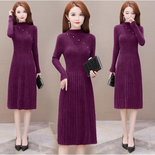 Imitation Mink Sweater Dress Autumn Winter Thicked Warm Knitted Dress Female Loose Large Size Bottoming Solid Midi Dresses Y479