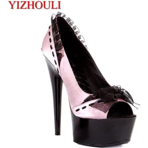 Sexy high-heeled shoes, 15cm thin and water-resistant, flower fish mouth with a bow tie for womens Dance Shoes