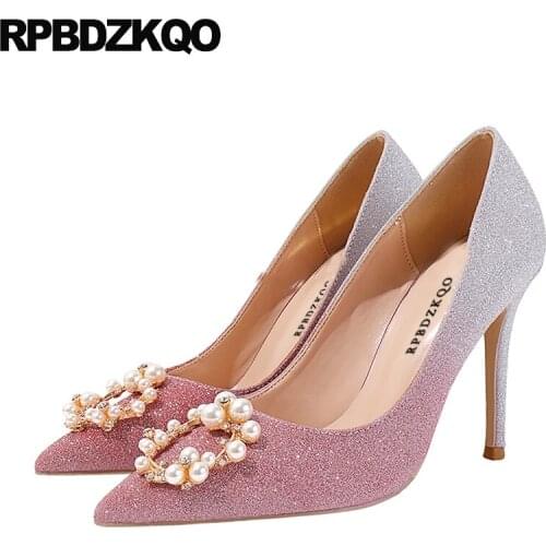 Pumps party glitter diamond ladies pointed toe crystal sparkling pink scarpin gold wedding shoes high heels pearl rhinestone