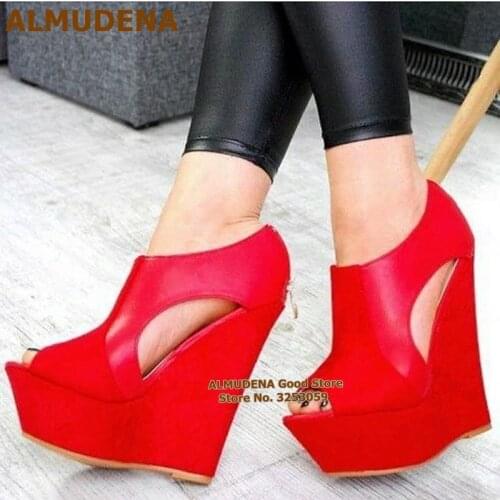 ALMUDENA Sky High Wedges Dress Pumps Platform Open Toe Hollow Out Shoes Nightclub Patchwork Gladiator Heels Red Blue Black