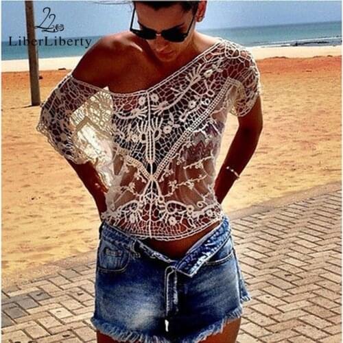 Vintage Women Sexy Lace Hollow Crochet Beach Cover Up Loose Batwing Blouse Tops Sexy Lace Vest for Women Swimwear