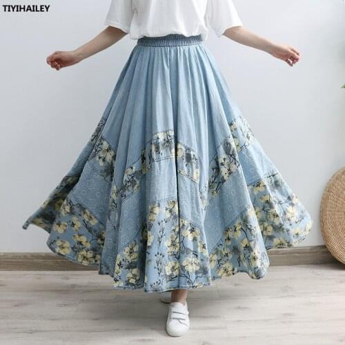 TIYIHAILEY Free Shipping 2021 Long Maxi A-line Skirt Women Elastic Waist Spring Autumn Denim Jeans Vintage Skirt Print Big Hem