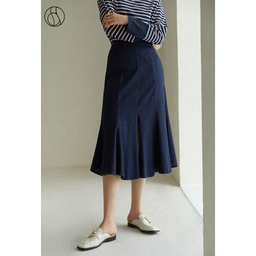 DUSHU Women Skirt Thin Denim Fishtail Skirt Dark Blue Long Split Denim Skirt Autumn Women All-match Skirt Simple Commuter Skirts
