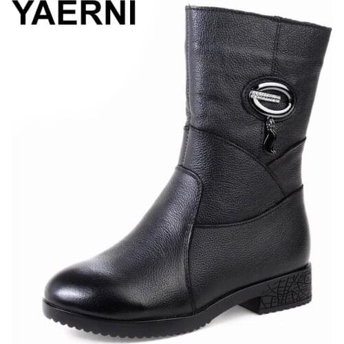 YAERNINew Women Platform Boots Genuine Leather Ladies Square Heels Round Toe Mid-Calf Boots Woman Shoes Female Winter BootsBlack