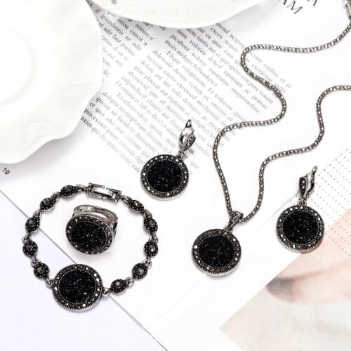 ZOSHI Vintage Silver Color Rhinestone Necklace Earrings Bracelet Ring Set for Women Black Broken Stone Wedding Jewelry Sets