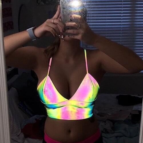 Women V Neck Sexy Holographic Bralette Crop Top Strap Reflective Fashion Camis Hot Summer 2019 Sleeveless Backless Tank Tops